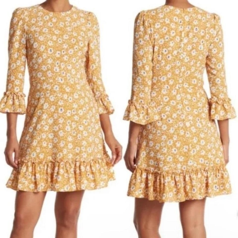 ELIZA J | Women's Marigold Yellow Floral Daisy Peplum Ruffle Mini Dress, Size S